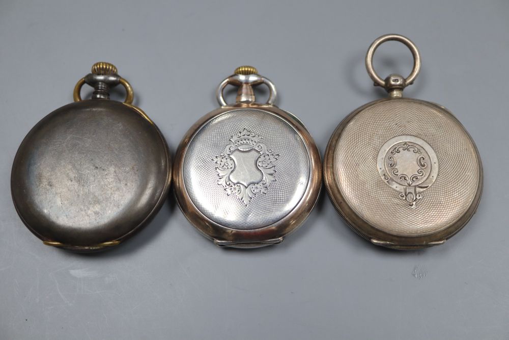 Three assorted pocket watches including silver and 800 standard.